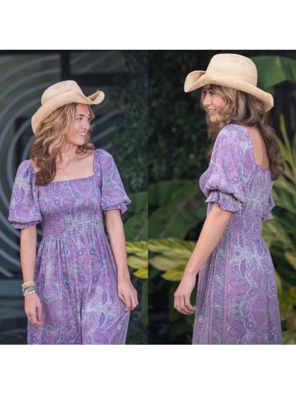 Perry Walker Purple Paisley Silk Smocked Midi Dress Puff Sleeve One Size O/S